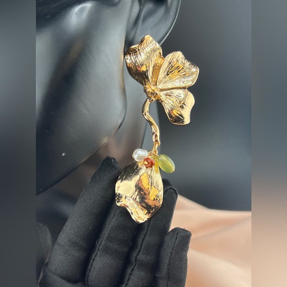 Gold Orchid Drop Earrings with Multicolor Beads - Picture 6 of 10
